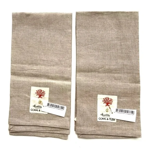 NWT Set Coral & Tusk Feather Embroidered Luxury Linen Kitchen Tea Towels - Picture 2 of 7